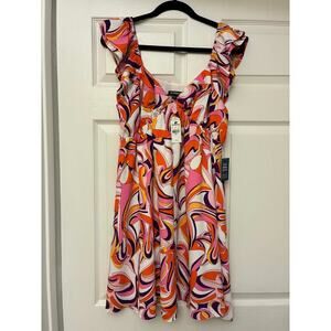 Express M Pink Orange Swirl Print Ruffle Strap Dress NWT